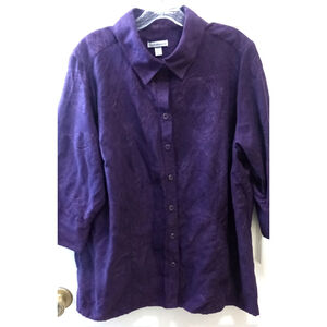 Croft & Barrow Womens Button Front Blouse Faux Suede Sz 1x Purple Soft Paisley